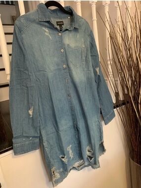 Distressed Light Blue Denim Shirt Dress - Women Long Sleeve